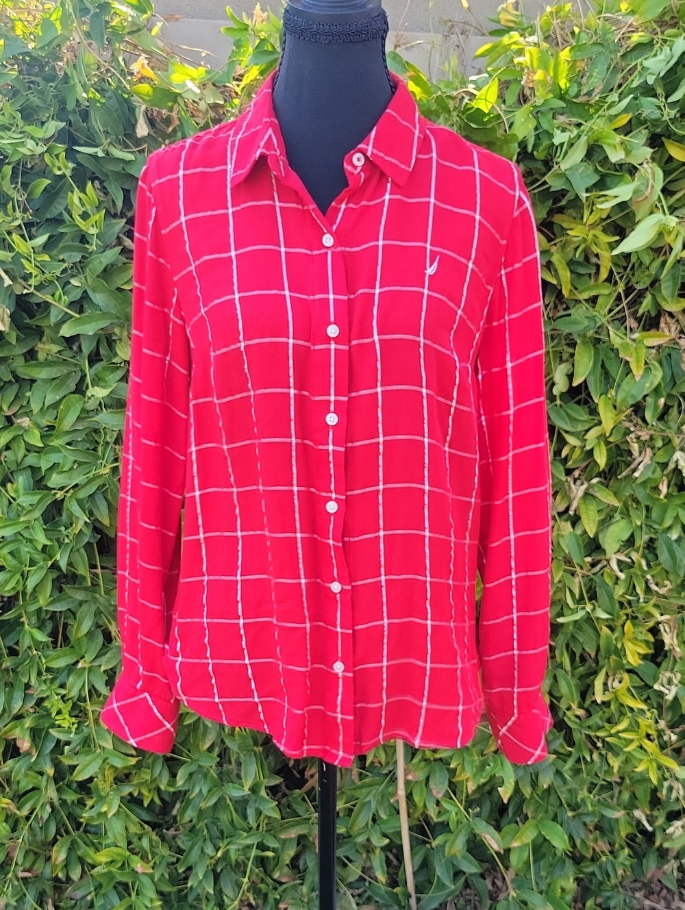 Red And Silver Metallic Plaid Button-Front Lightweight Shirt S